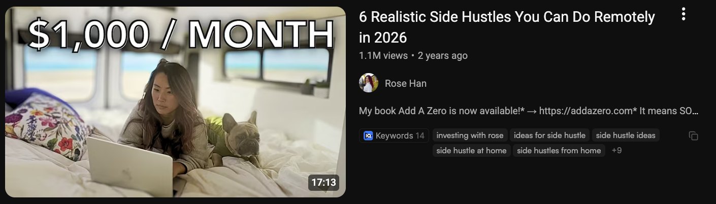 Rose Han video example: 6 Realistic Side Hustles You Can Do Remotely; historical YouTube screenshot